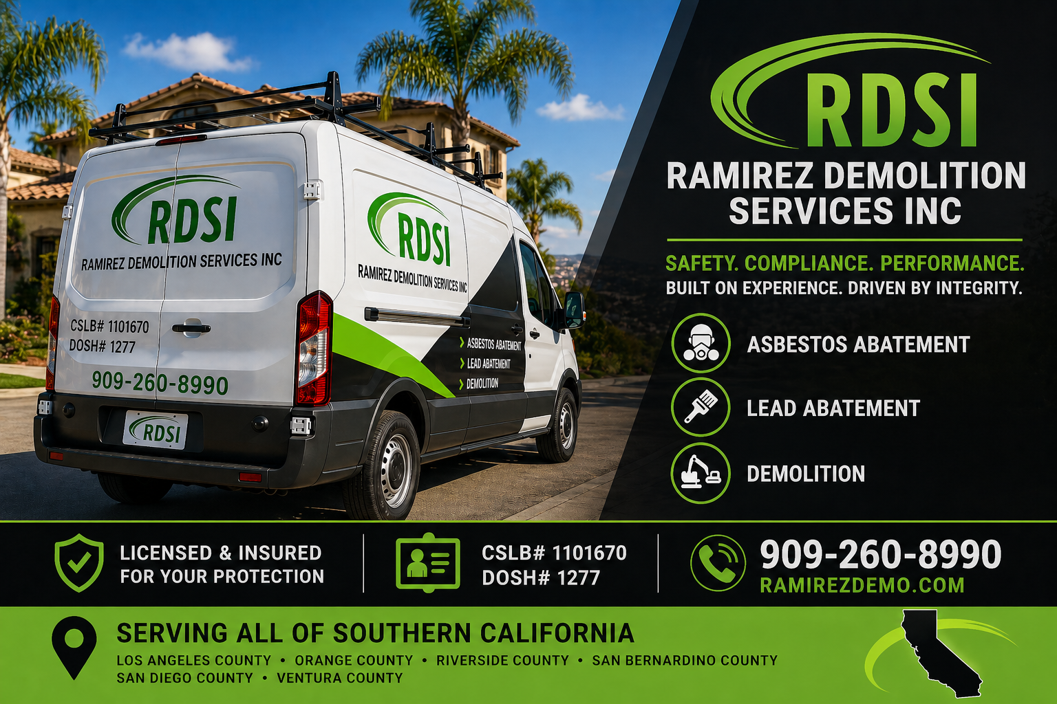 “Asbestos removal and demolition contractor van in Riverside and Inland Empire Southern California – RDSI”