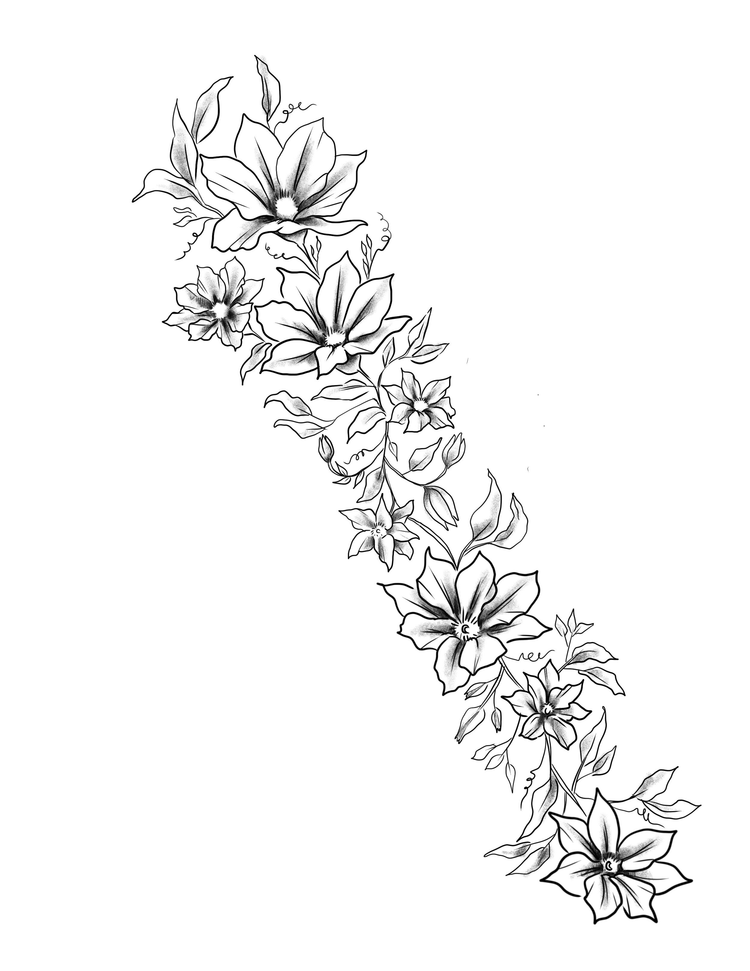 Line drawing of a vertical arrangement of flowers and leaves, resembling a botanical illustration. Tattoo designed by Robin Reece