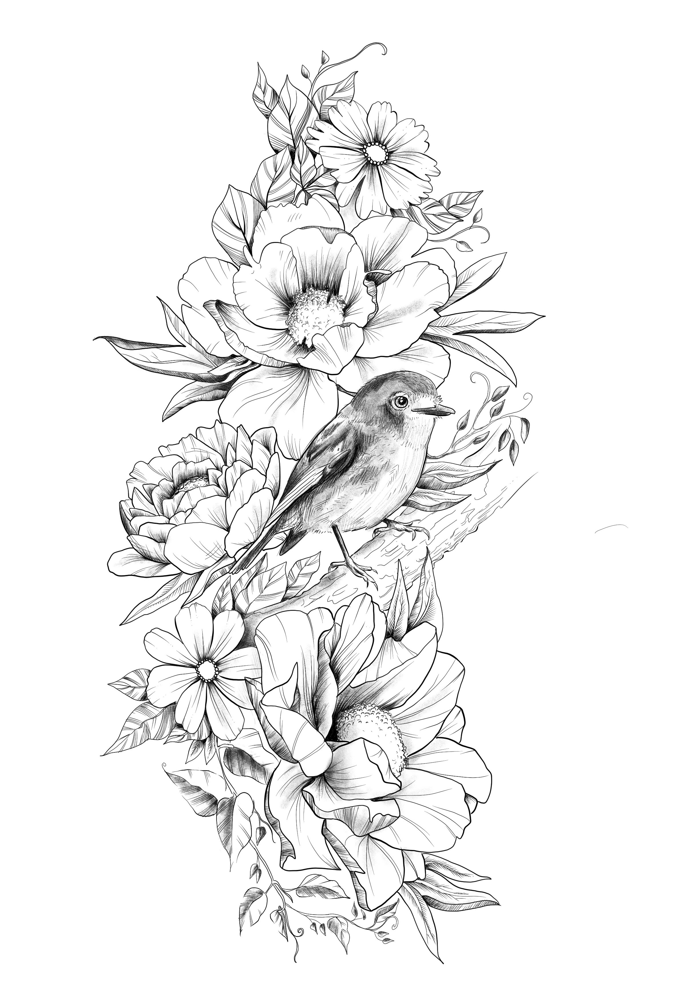A detailed black and white tattoo illustration of a small bird perched on a branch surrounded by large blooming flowers and leaves. Tattoo designed by Robin Reece