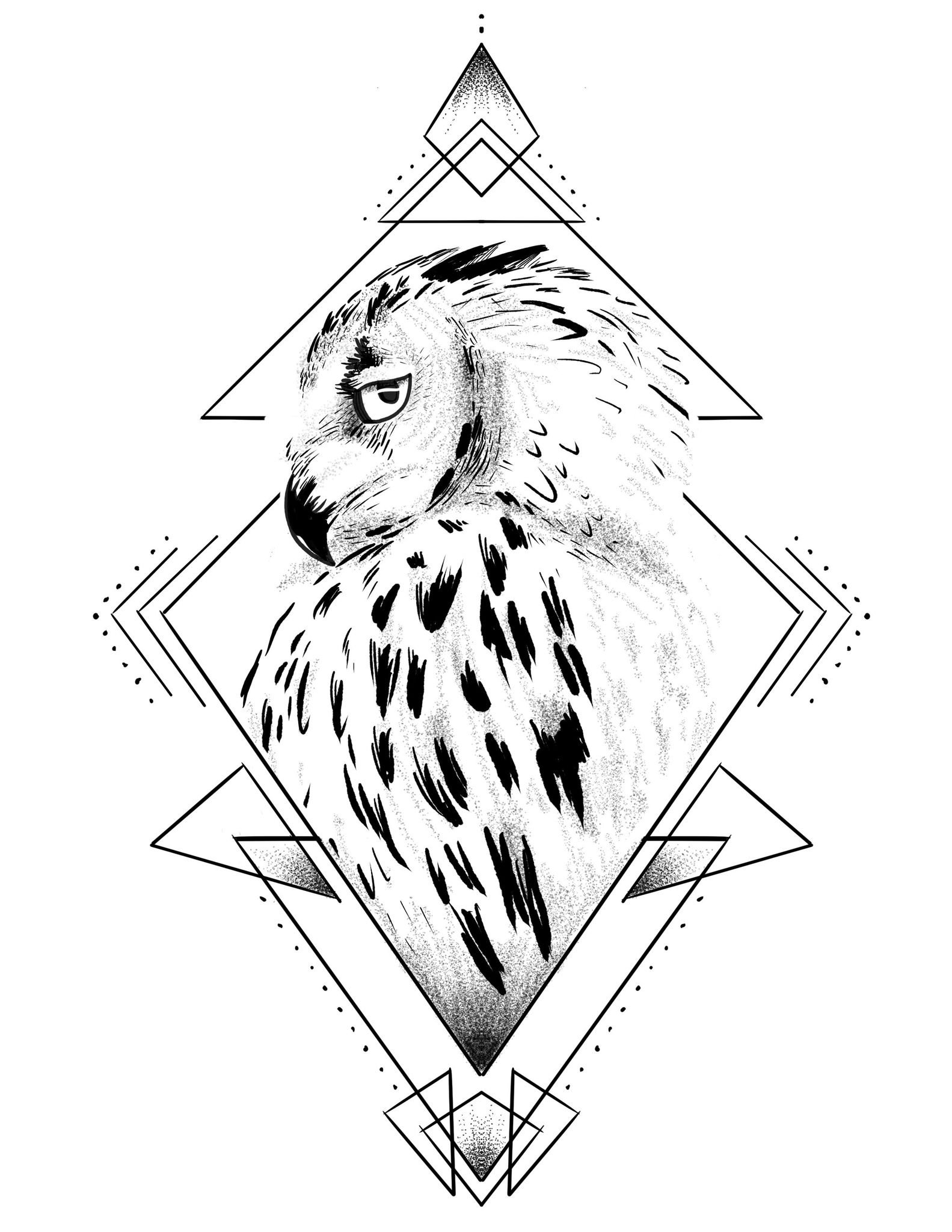 Black and white tattoo illustration of an owl with detailed feathers, surrounded by geometric shapes and lines in a symmetrical pattern. Tattoo designed by Robin Reece