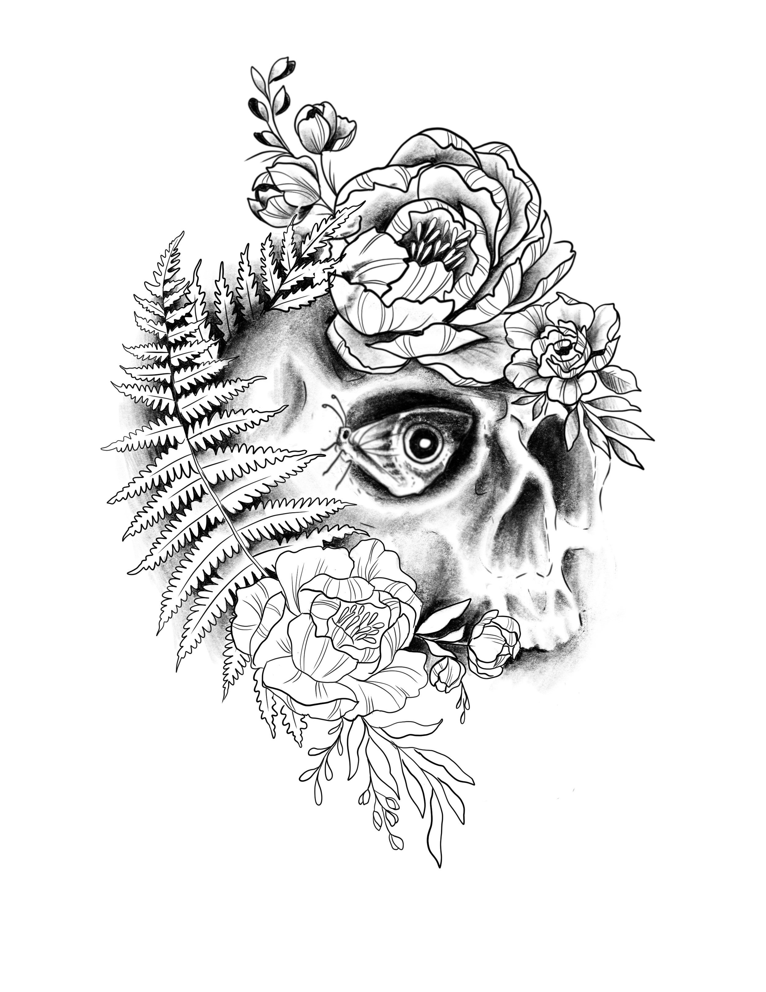 Black and white tattoo illustration of a human skull with flowers, including roses and leaves, and a butterfly on the eye socket. Tattoo designed by Robin Reece