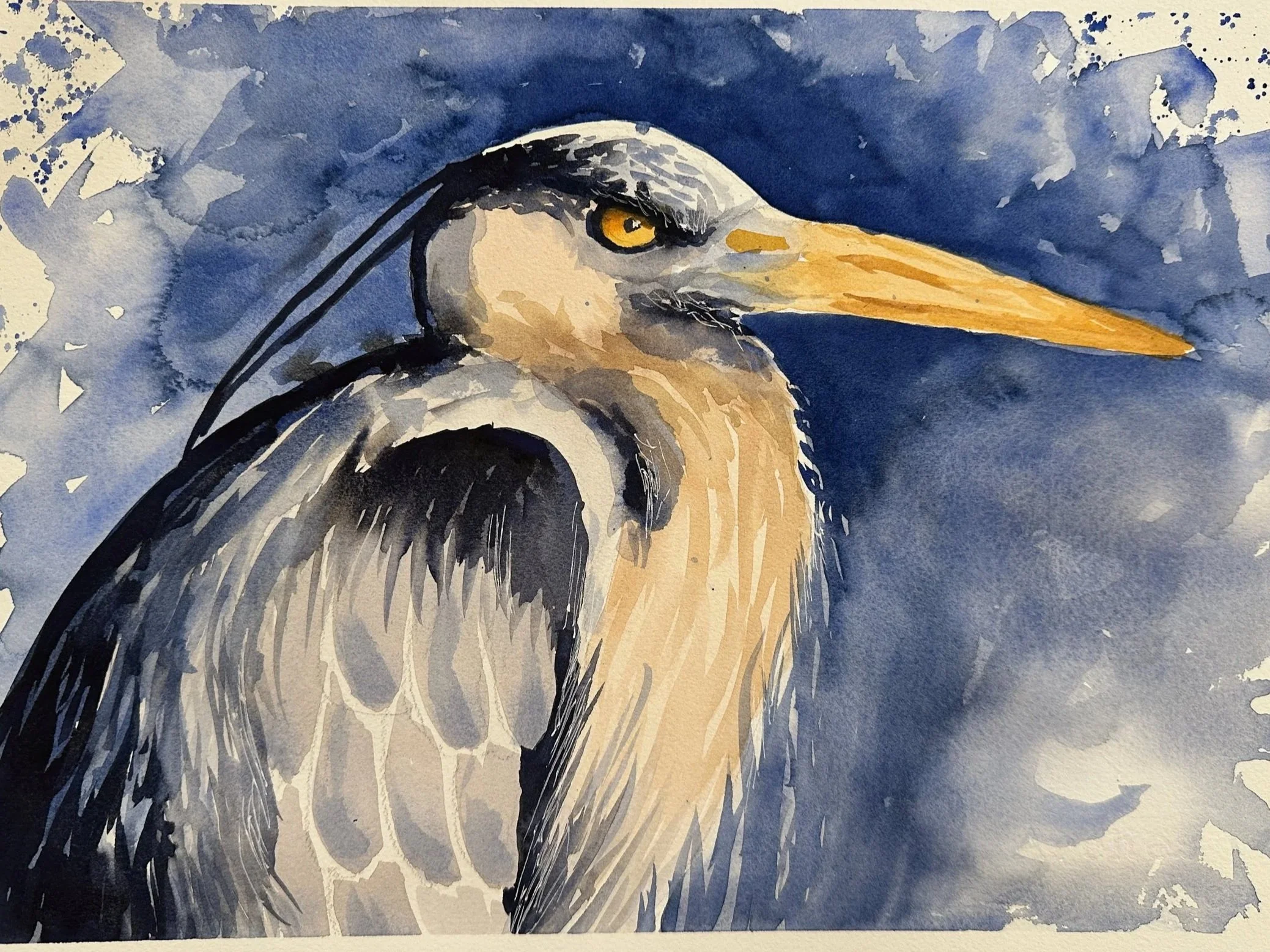 A watercolor painting of a heron with a dark blue background and light-colored feathers, with a focus on the heron's head and beak.