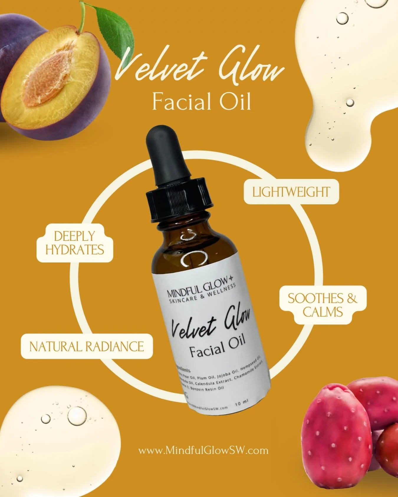 Velvet Glow Facial Oil ✨

A lightweight, nourishing blend created to support soft, balanced, and radiant skin. Formulated with prickly pear, plum oil, jojoba oil, and hempseed oil to help hydrate and protect without clogging pores. Calendula and cham