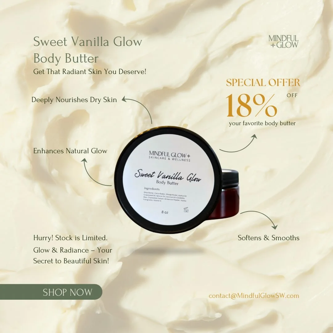 Sweet Vanilla Glow ✨

Rich. Cozy. Deeply nourishing.

This body butter melts into your skin with cocoa butter, mango butter, and shea butter to soften, smooth, and restore dry winter skin. The warm vanilla scent wraps around you like comfort after a 