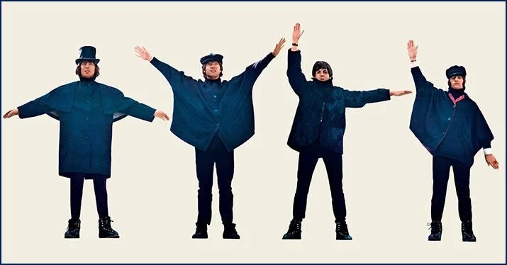 An image of The Beatles from the cover of their studio album which is titled 'Help!'.