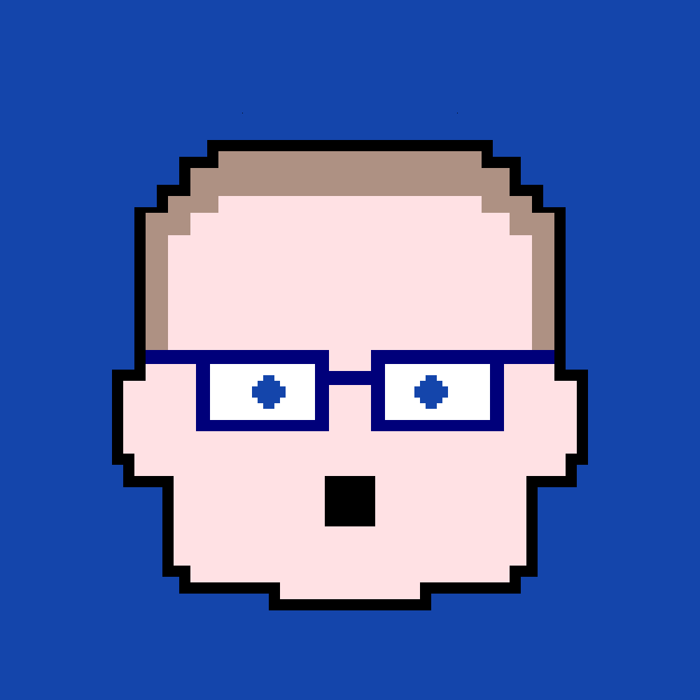 Pixel art depiction of Ronald Alistair Barr with a surprised expression. He is pale, wearing blue glasses, and has cropped dark blonde hair. The picture is on a blue background matching Ronald's eye colour.