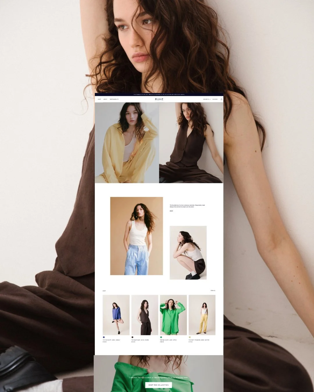 ruhe website overlaid on model wearing a brow linen shirt