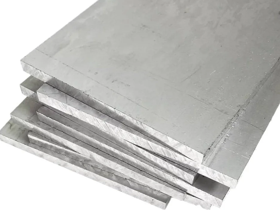 Stack of metallic sheets or plates.