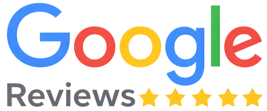 Google Reviews logo with five yellow stars, symbolizing a 5-star rating.