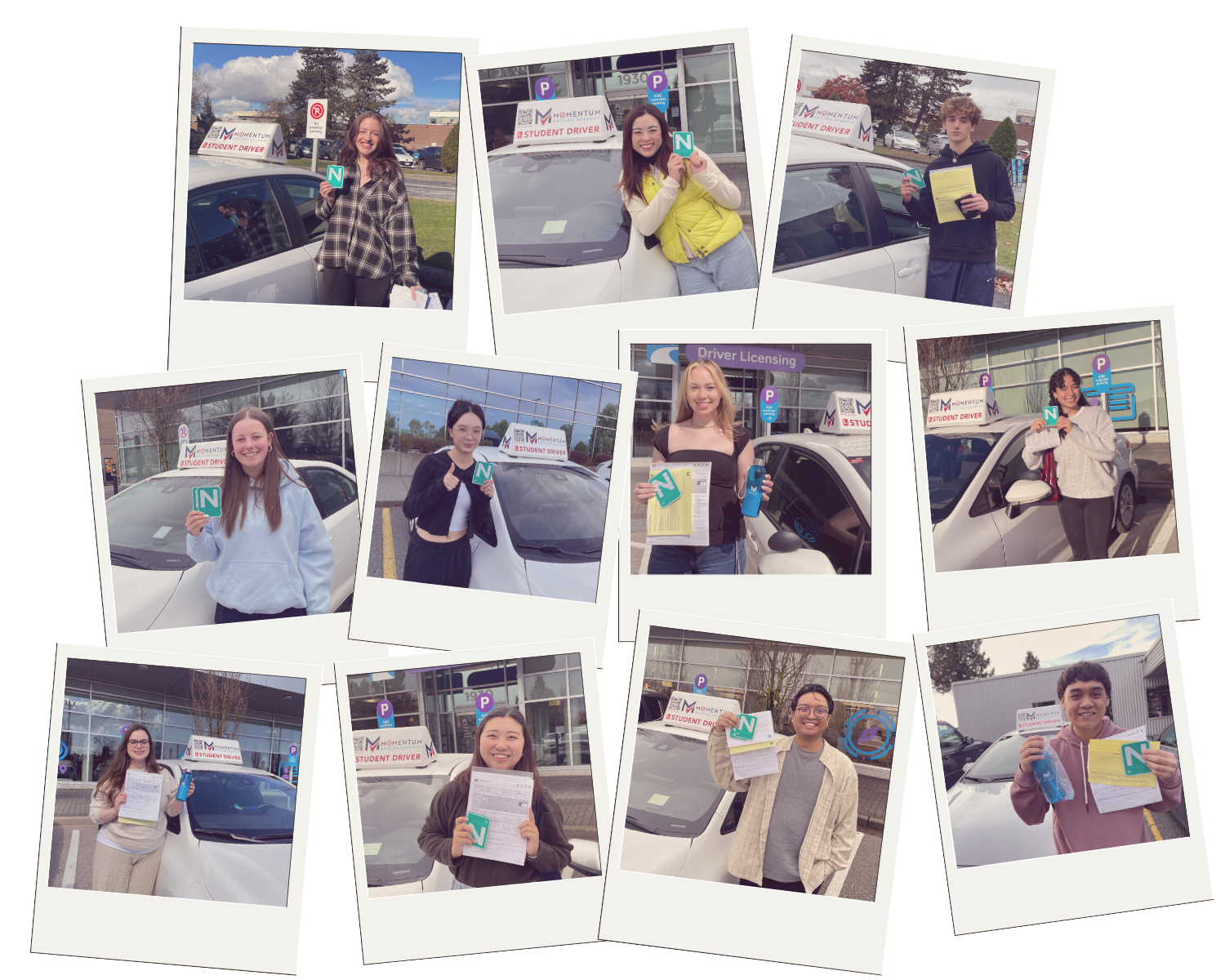 Collage of multiple students standing next to cars, holding driver permits, and displaying N and P signs, with signs indicating a student driver program near a driving school.