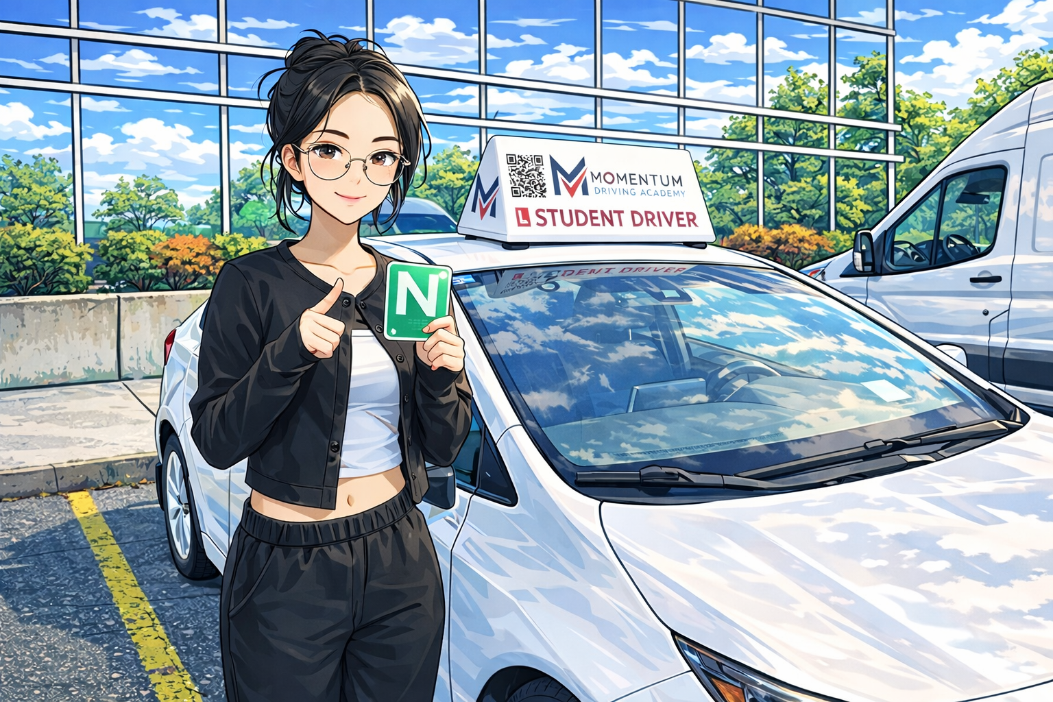 A smiling young woman holds an N sign beside a student driver car in a parking lot, wearing glasses and casual clothes.