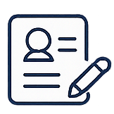 Illustration of an ID card with a person icon, text lines, and a pencil.
