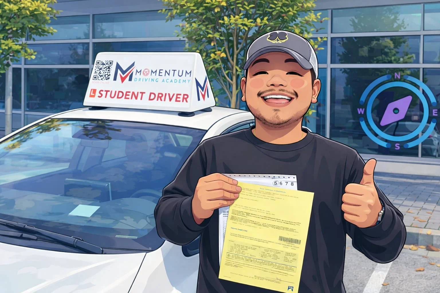 Smiling young man holding a paper and giving a thumbs-up beside a car labeled “Student Driver” outside a driving academy.