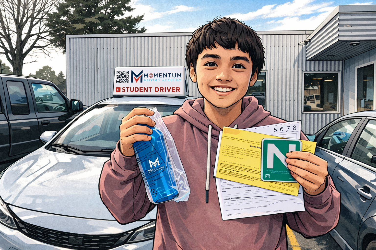 Teen holding paperwork and a water bottle, smiling in front of a car with a Student Driver sign at a driving school.