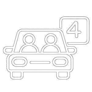 Line drawing of a car with two people inside and a notification showing four new messages.