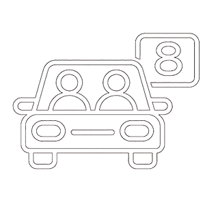 Line drawing of a car with two people inside and the number 8 displayed above it.