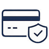 Illustration of a credit card with a shield and check mark symbol, representing secure payment or transaction security.