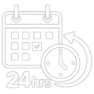 A logo showing a calendar with a checkmark, a clock face, and the text '24 hrs,' indicating 24-hour availability.