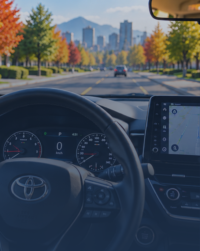 View from inside a car showing the dashboard and steering wheel with a city skyline and mountains in the background, through the windshield with autumn-colored trees lining the road.