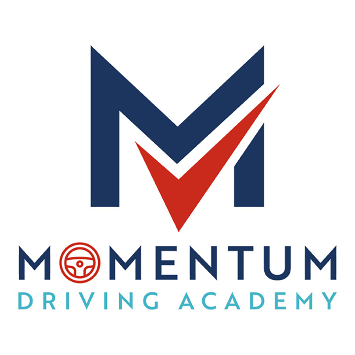 Logo for Momentum Driving Academy featuring a stylized letter 'M' in dark blue with a red check mark and a small icon of a steering wheel, with the text 'Momentum Driving Academy' underneath.