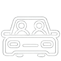 Outline drawing of two people sitting in a car, viewed from the front.