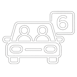 Line art icon of a car with two people inside and a number six in a square to the upper right, symbolizing driving or transportation associated with the number six.