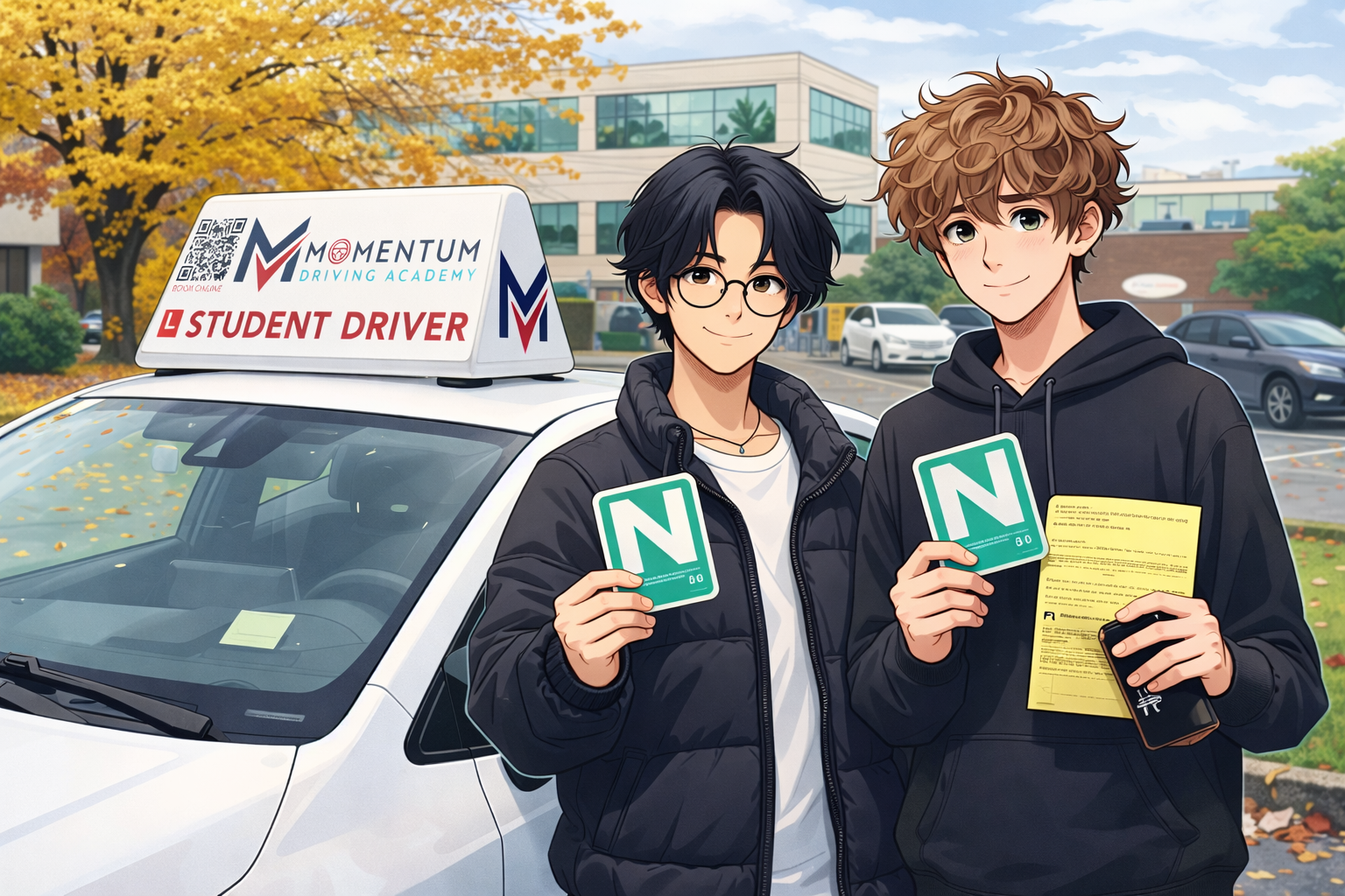 Two smiling teens stand by a student driver car, holding green N permits and a yellow paper outside a driving academy.