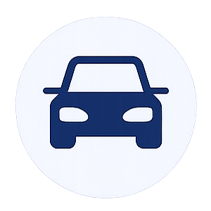 Car icon on a white circular background.