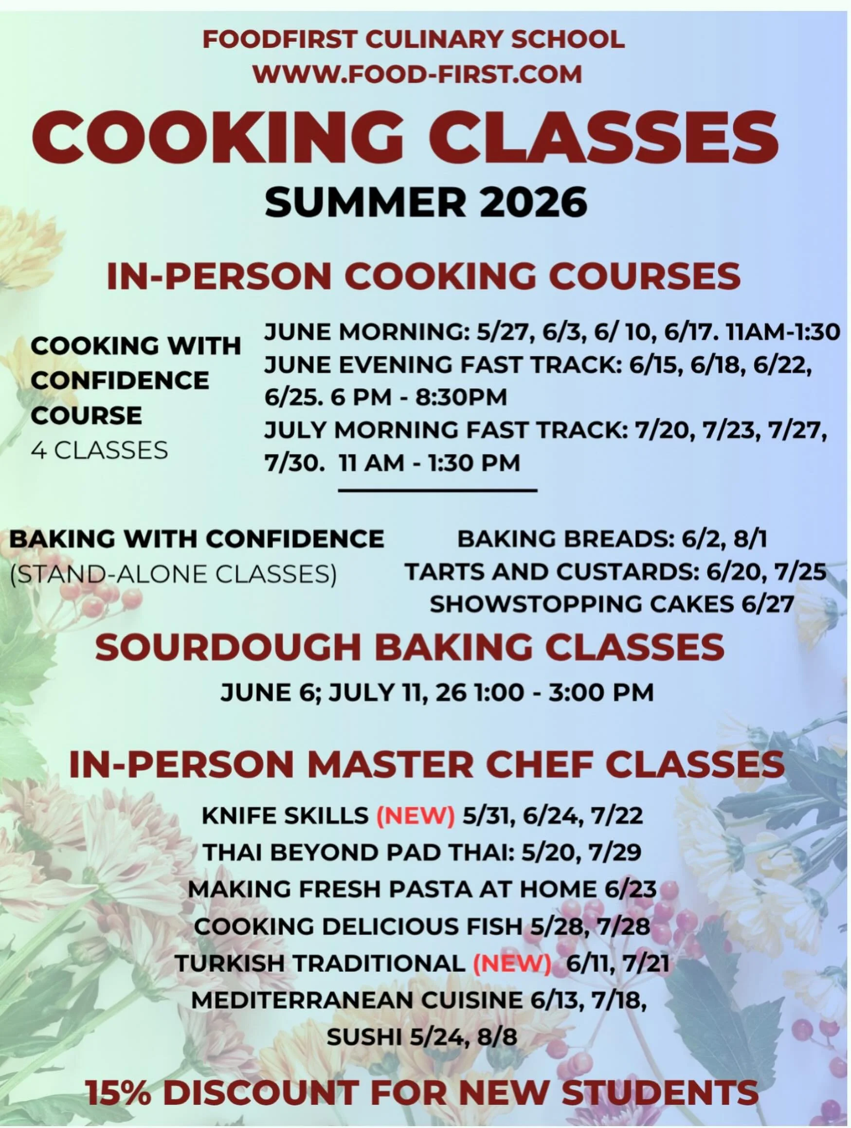 Hey all! My summer schedule of cooking classes is here! There are both old favorites and brand-new classes. Check them out here: https://www.food-first.com