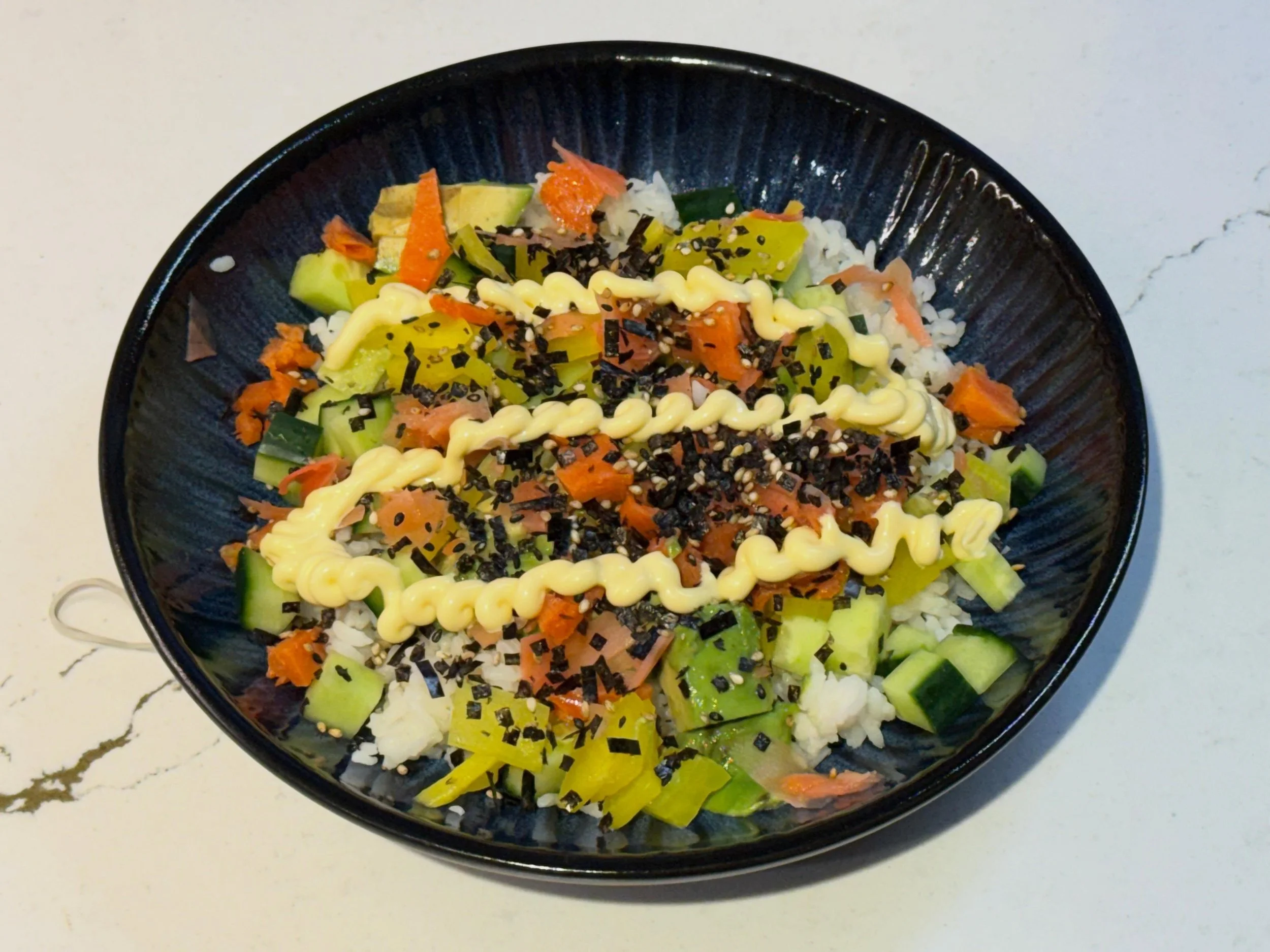 Chirashi bowl -my new favorite I now make every time after a sushi dinner. Sushi rice topped with sushi ingredient leftovers- fish, kani, cucumber, picked daikon, avocado. Top with Japanese mayo and some nori seasoning. So good and literally takes a 