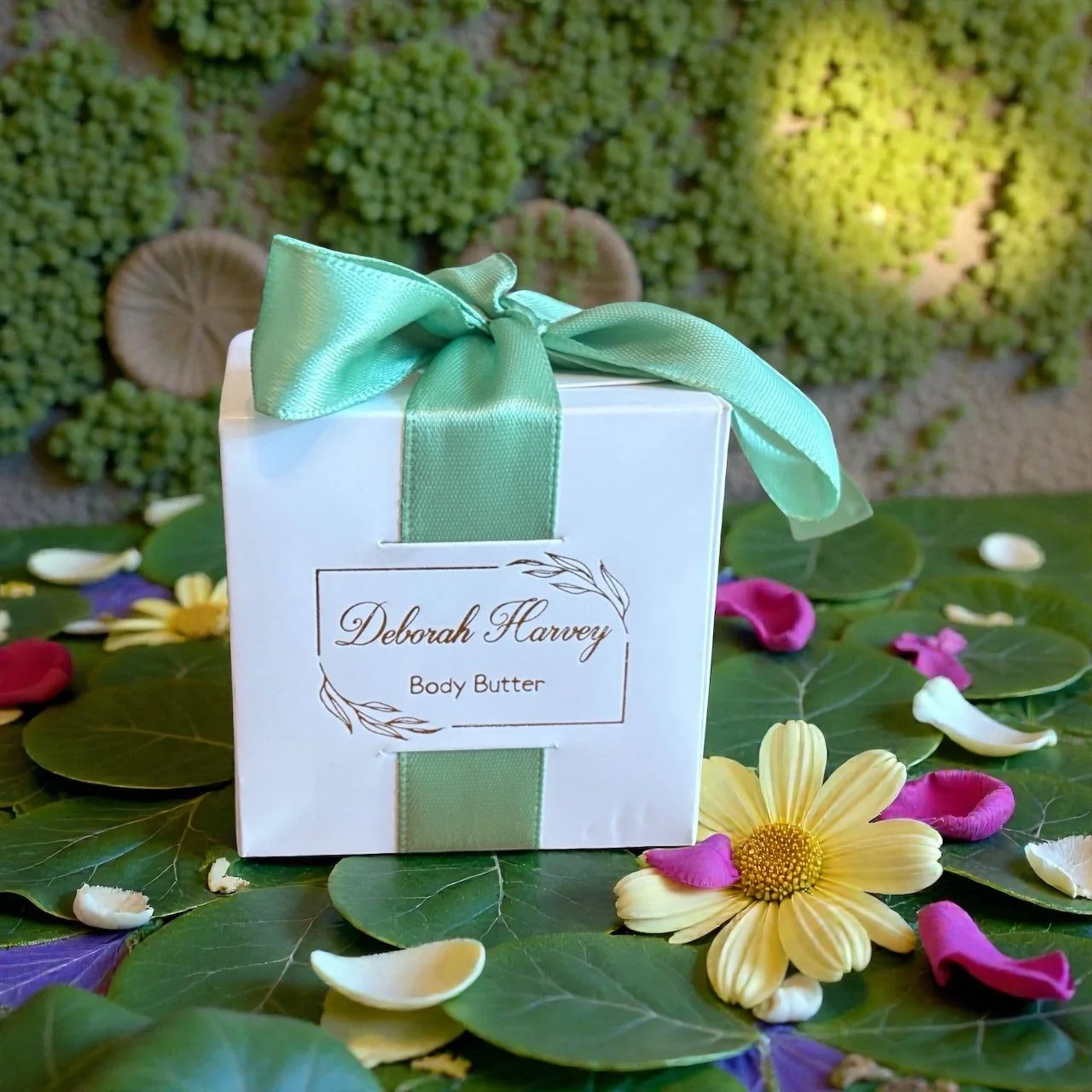 Green Silk Ribbon Square Gift Box.  'Deborah Harvey Body Butter'