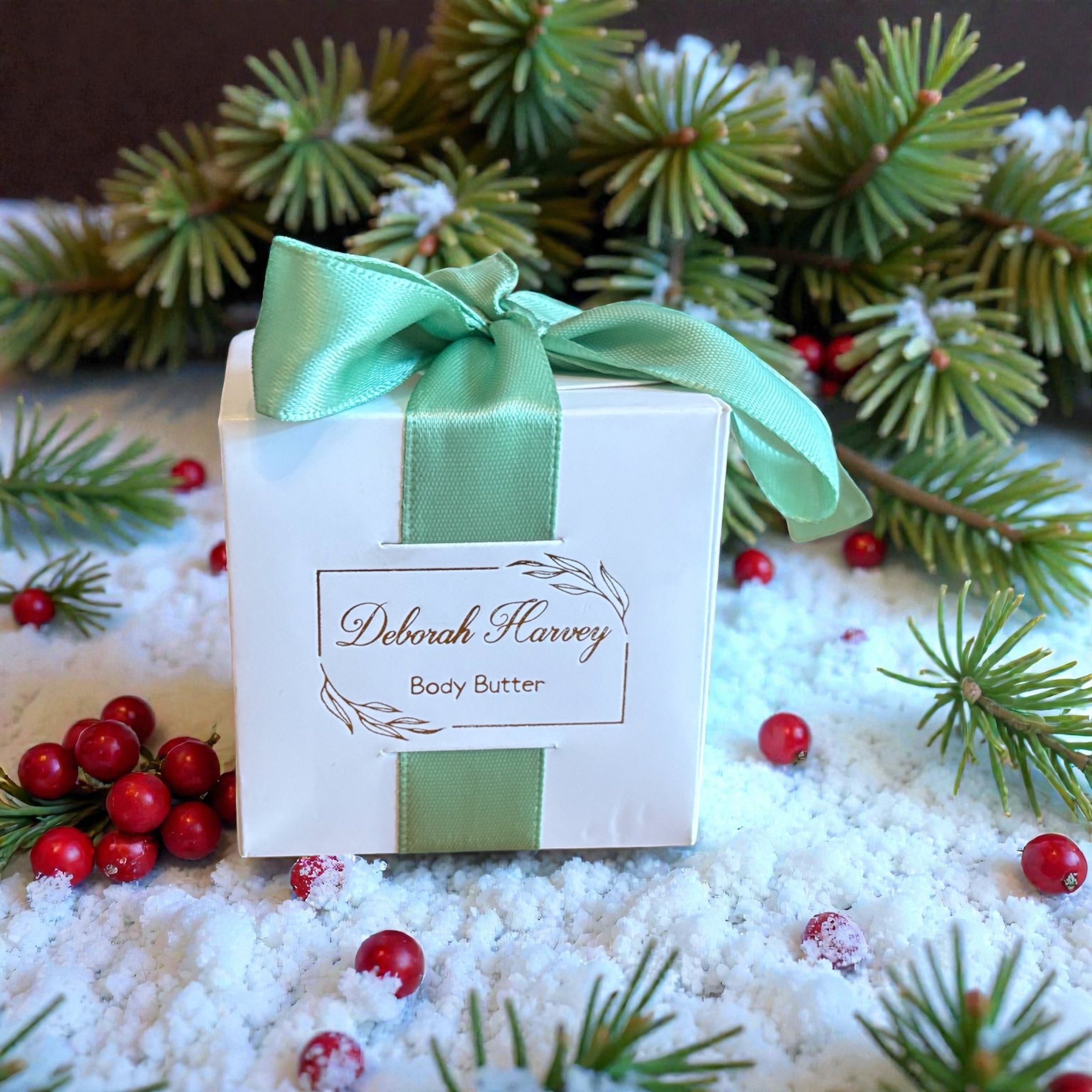 Green Silk Ribbon Square Gift Box.  'Deborah Harvey Body Butter'