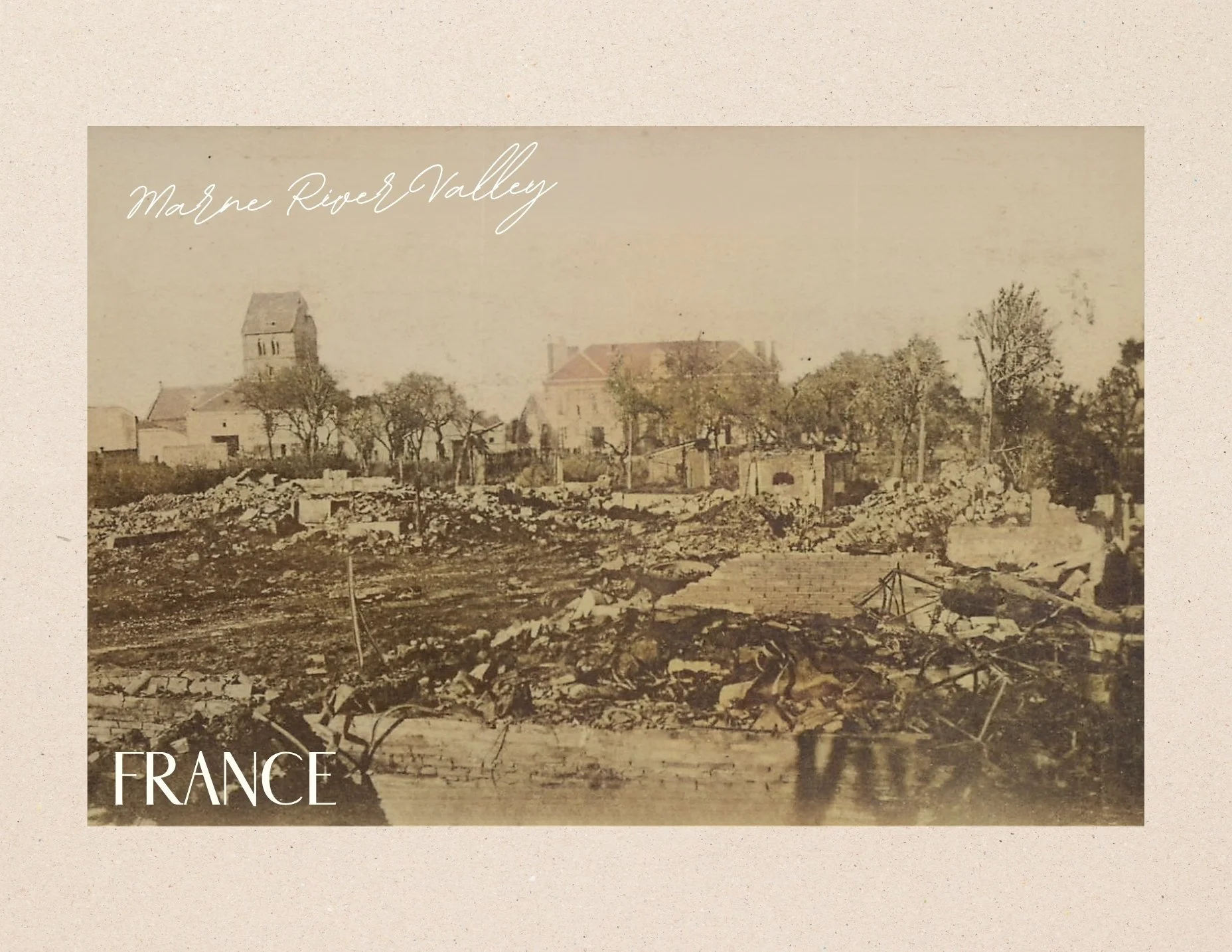Historical black-and-white photo of a damaged landscape with buildings and trees in France, labeled Marne River Valley.