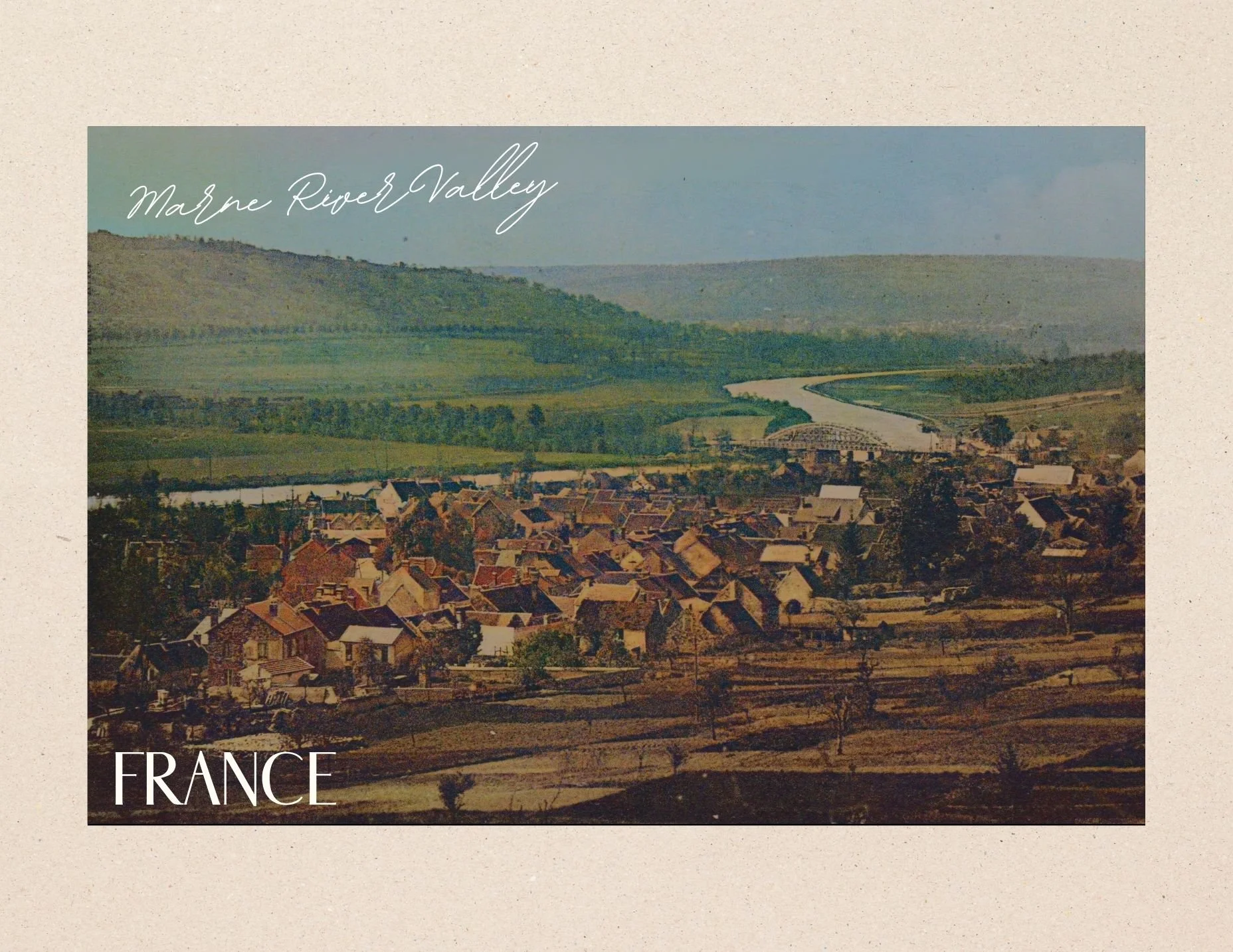 A scenic view of a small French village with houses, a river, and green hills in the background, labeled 'Marine River Valley' with 'FRANCE' written at the bottom.