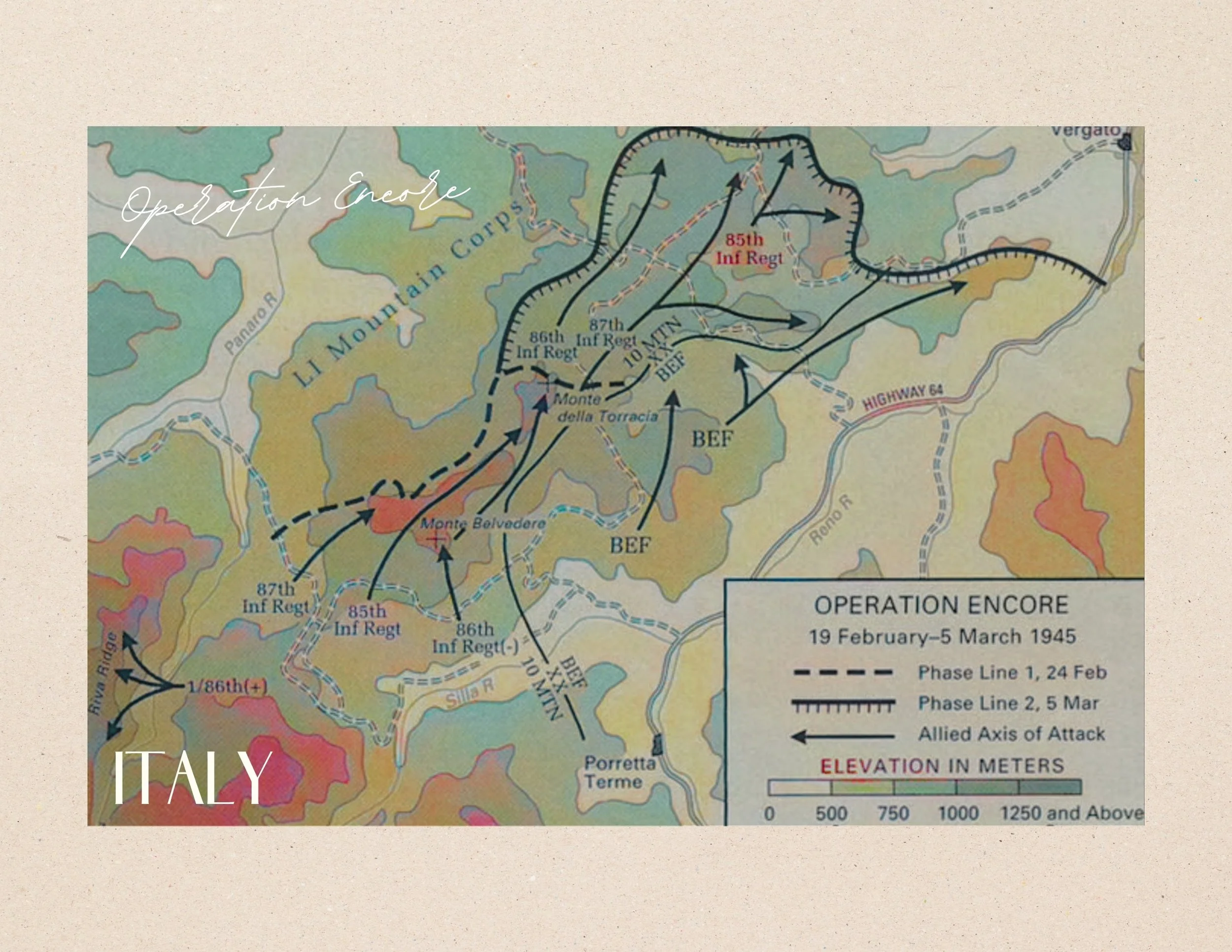 Map showing military operations in Italy during Operation Encole from February 19 to March 5, 1945, with phase lines, attack axes, and elevation markers, featuring Italian locations, mountains, roads, and rivers.