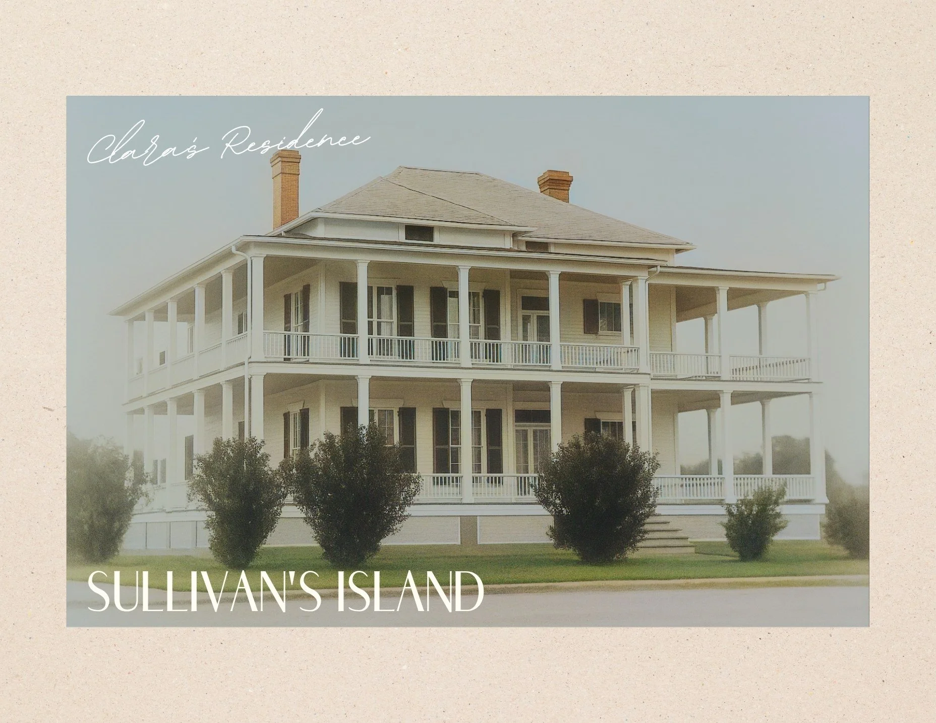 An illustration of a large, white, three-story house with wraparound balconies, surrounded by a lawn with three bushes in front. Clara's Residence.