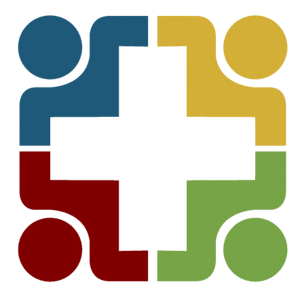 Colorful interlocking puzzle pieces with human silhouette shapes at the edges