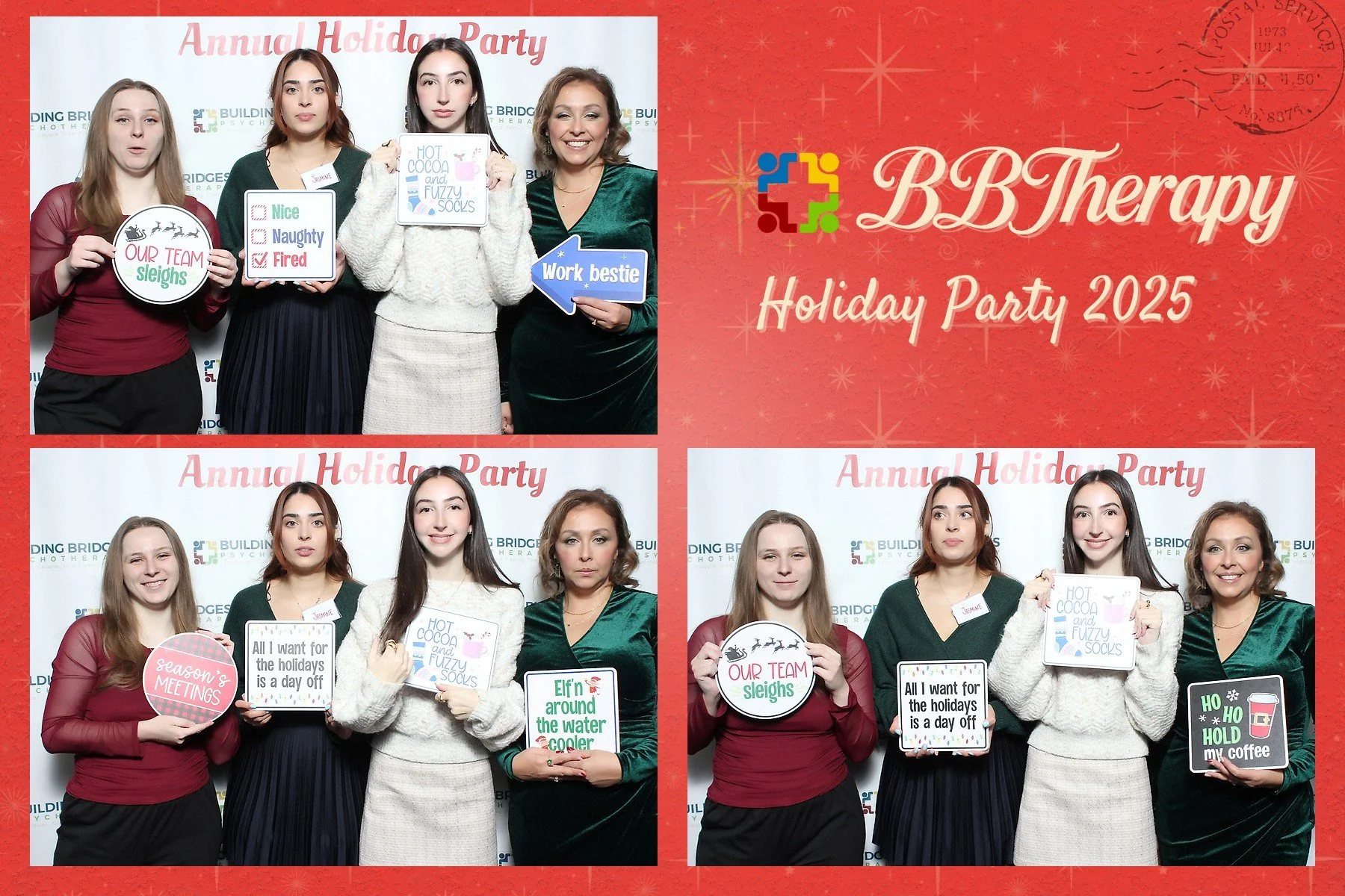 Four women at a holiday party photo booth holding signs with humorous messages about the holiday season. The backdrop features text that reads 'Annual Holiday Party.'