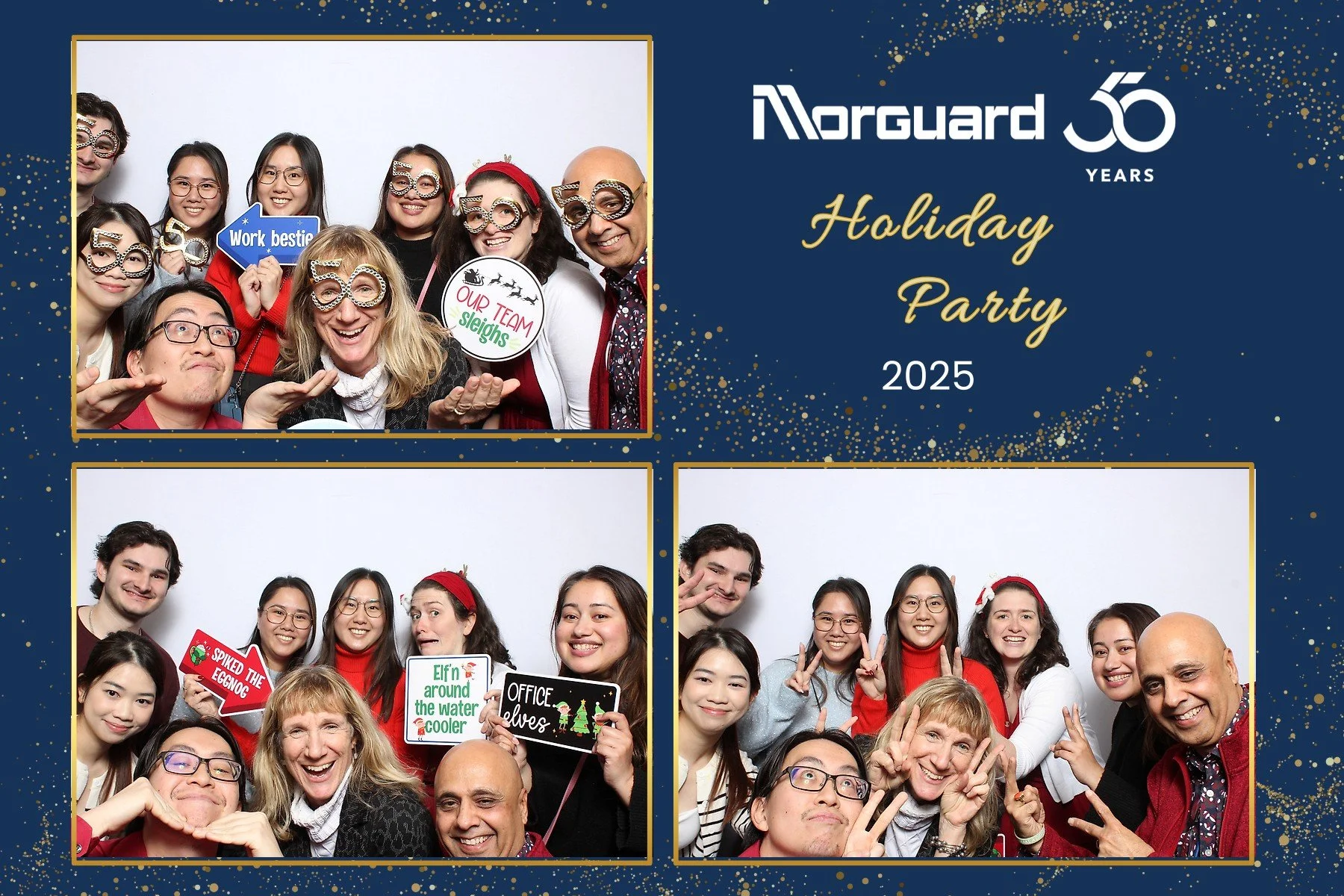 Photo booth collage from Morguard's 2025 holiday party showing groups of people smiling and posing with festive signs and accessories against a white background, with a dark blue and gold decorative border and text indicating Morguard's 50 years, holiday party 2025.
