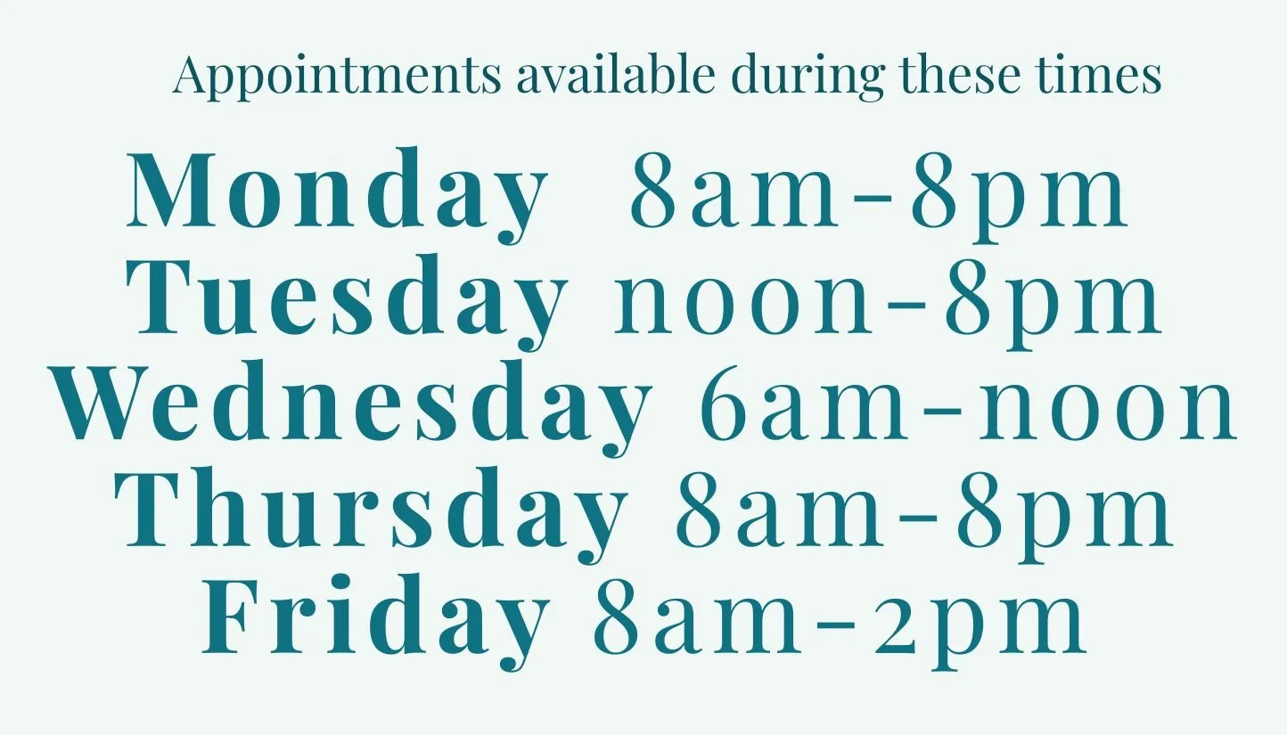 Wellness Pattern Studio office hours showing flexible virtual ADHD care appointments, including weekday evenings and dedicated Saturday availability in Iowa