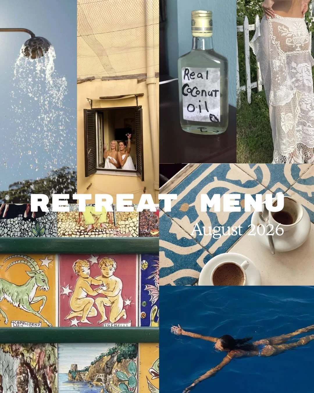Your Retreat Menu 🌞🍊

5-9th of August 2026 | Portugal, 30 minutes away from Lisbon airport, between a lil surf town Ericeira &amp; Lisbon 

I honestly believe there is not a better person to plan these trips, I have been crying over the beauty of t