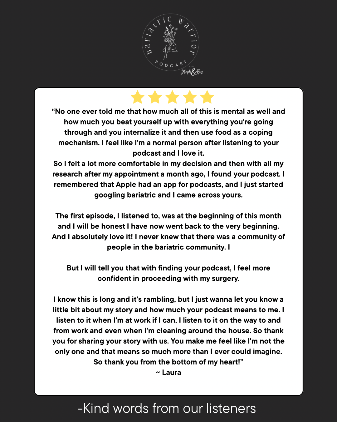 A screenshot of a podcast review for the Barbaric Warrior Podcast, featuring a five-star rating, a testimonial from a listener named Laura, and a logo at the top with the podcast's name and a graphic of a plant in a jar.