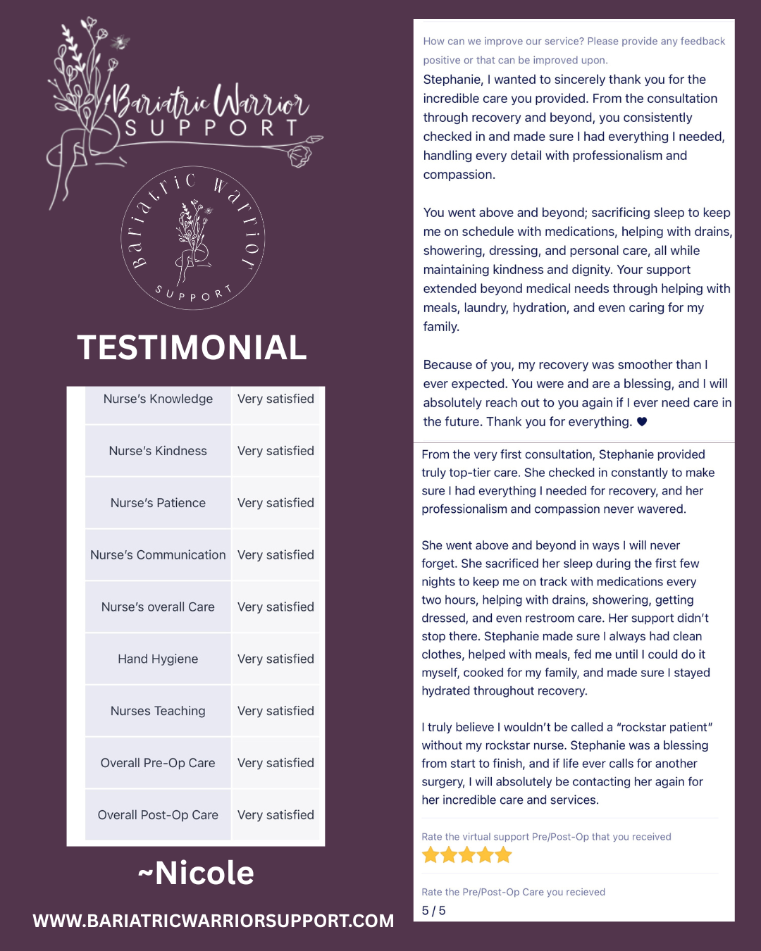 A testimonial letter from Nicole for Bariatric Warrior Support on a purple background with floral designs. Includes a rating chart with excellent ratings, a thank you message to Stephanie, and the website URL at the bottom.
