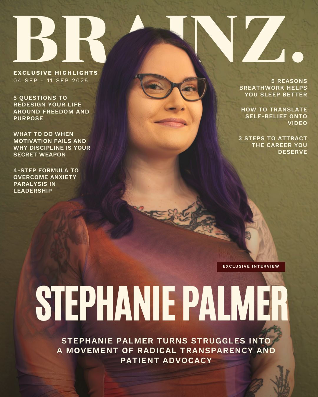 Magazine cover featuring Stephanie Palmer with long purple hair, wearing glasses and a patterned top, against a green textured background. Text includes headlines and an exclusive interview announcement.