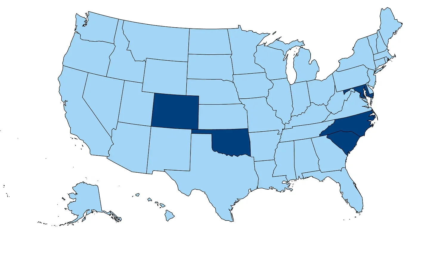 US map with 5 US states correctly shaded