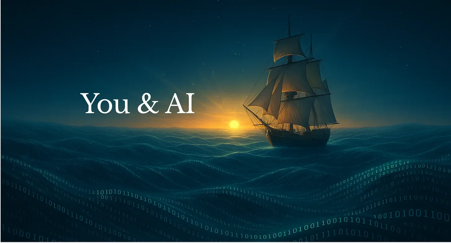 Hero image from Sarah's website showing a ship sailing on an ocean of 1 and 0s