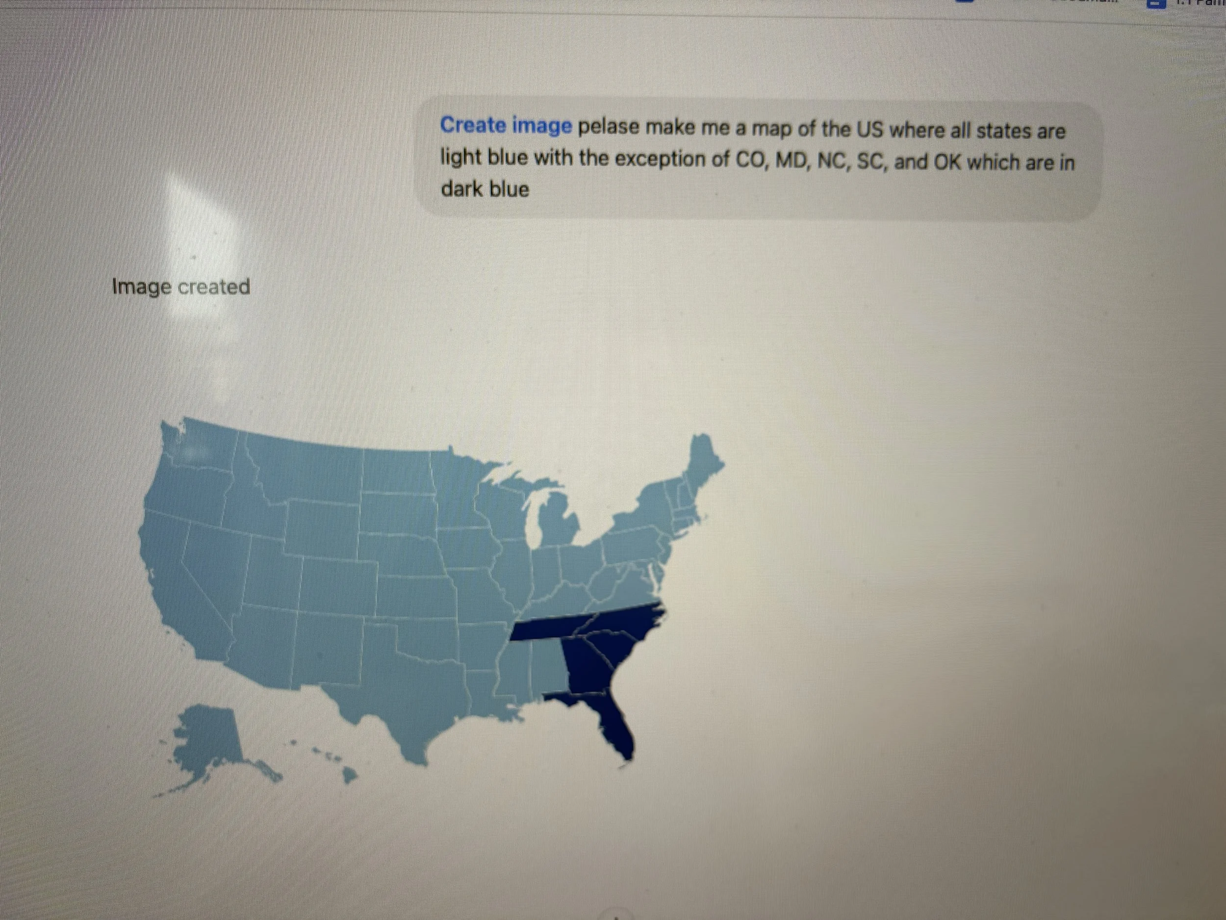 Request to ChatGPT to shade 5 CO, MD, NC, SC and OK on a map and subsequent response which shows the wrong states shaded