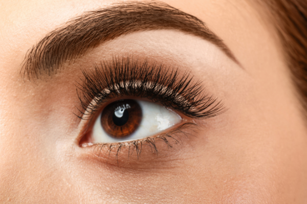 Close-up of a woman's eye with brown iris, long eyelashes, and well-defined eyebrow.