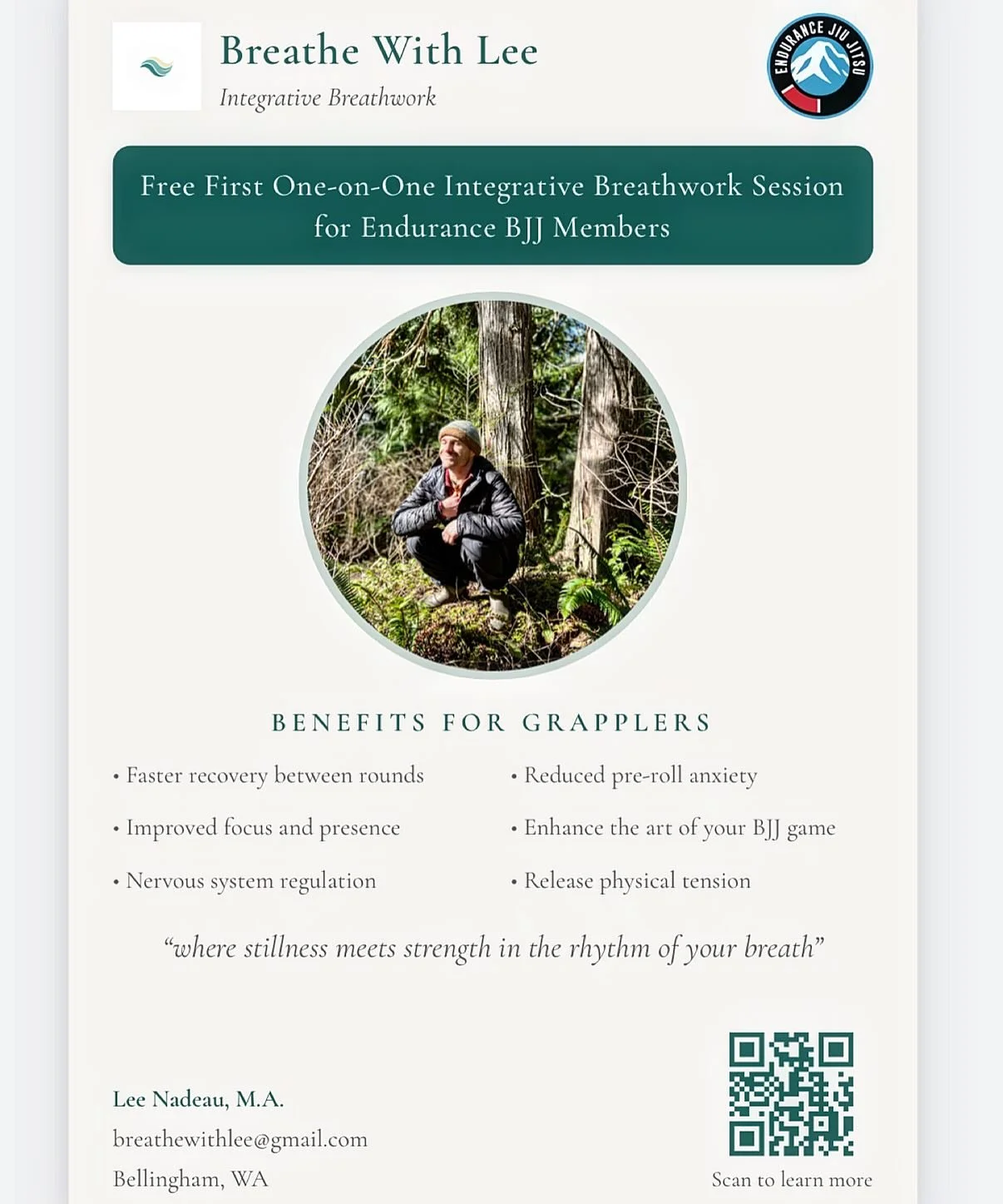 Grateful to be offering FREE first one-on-one integrative breathwork sessions for @endurance.jiujitsu members 🌊 🙏🏼

How we breathe is how we live.
How we breathe is how we roll.

What a gift it is to combine the art of jui jitsu with the practice 