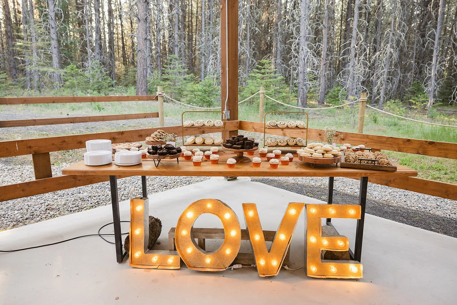 Dessert table with cupcakes and cookies in an outdoor rustic setting with wooded background, illuminated love sign in front.